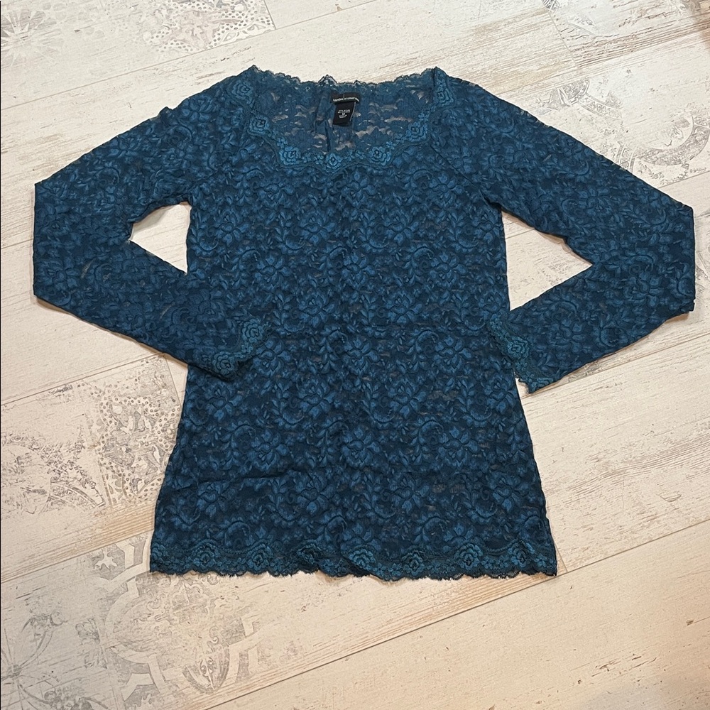 Moda International Deep Teal Lace Long Sleeve Top Size Medium
